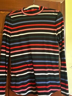 Striped Long Sleeve Knit Top in Black, Red, Blue, Pink & White